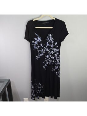 Karen By Karen Kane Women's Large Black Floral Short-Sleeve V-Neck Dress Comfy
